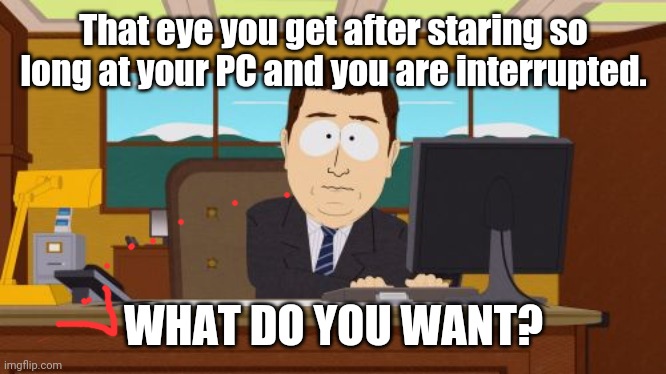 Scary eyes | That eye you get after staring so long at your PC and you are interrupted. WHAT DO YOU WANT? | image tagged in memes,aaaaand its gone | made w/ Imgflip meme maker