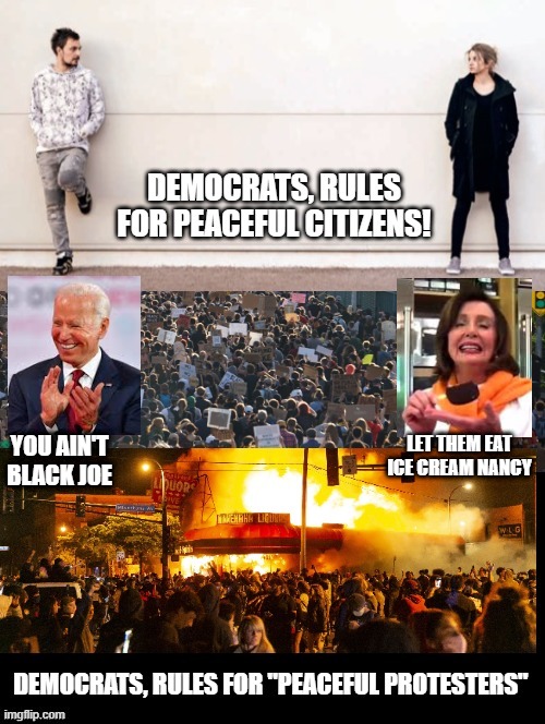 Do you stand with the "Peaceful Protesters" and Democrats or are you going to stand with SANITY? | LET THEM EAT ICE CREAM NANCY; YOU AIN'T BLACK JOE | image tagged in stupid liberals,democrats,joe biden,pelosi | made w/ Imgflip meme maker