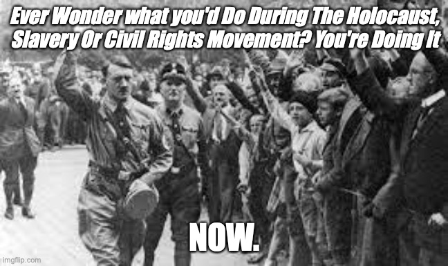 Nazi Germany Approves | Ever Wonder what you'd Do During The Holocaust, Slavery Or Civil Rights Movement? You're Doing It; NOW. | image tagged in nazi germany approves | made w/ Imgflip meme maker