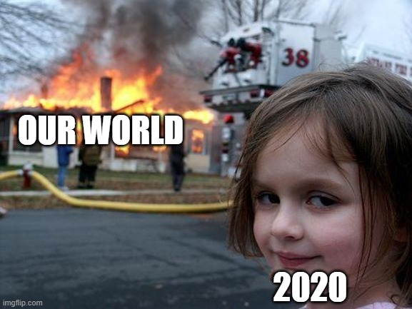 world | OUR WORLD; 2020 | image tagged in memes,disaster girl | made w/ Imgflip meme maker