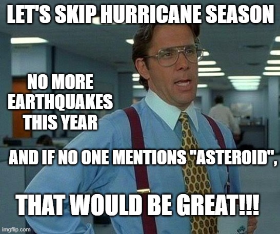 That would be great, 2020 | LET'S SKIP HURRICANE SEASON; NO MORE EARTHQUAKES THIS YEAR; AND IF NO ONE MENTIONS "ASTEROID", THAT WOULD BE GREAT!!! | image tagged in memes,that would be great | made w/ Imgflip meme maker