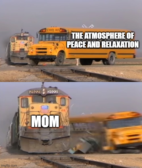That feeling | THE ATMOSPHERE OF PEACE AND RELAXATION; MOM | image tagged in a train hitting a school bus,mom,peace,relax,ruin | made w/ Imgflip meme maker