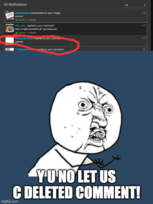 along with users | Y U NO LET US C DELETED COMMENT! | image tagged in memes,y u no | made w/ Imgflip meme maker