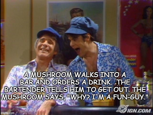 Daily BAD DAD Joke July 31 2020 | A MUSHROOM WALKS INTO A BAR AND ORDERS A DRINK.  THE BARTENDER TELLS HIM TO GET OUT. THE MUSHROOM SAYS, "WHY? I'M A FUN-GUY." | image tagged in fun guys 2 | made w/ Imgflip meme maker