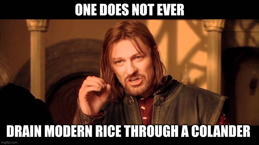 NO | ONE DOES NOT EVER; DRAIN MODERN RICE THROUGH A COLANDER | image tagged in walk into mordor,modern rice | made w/ Imgflip meme maker