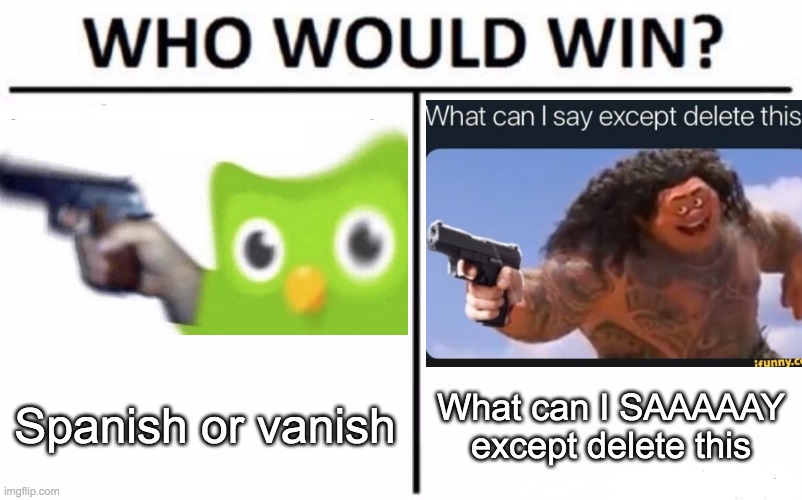 The Memes of Vanishing | Spanish or vanish; What can I SAAAAAY except delete this | image tagged in memes,who would win,duolingo gun | made w/ Imgflip meme maker