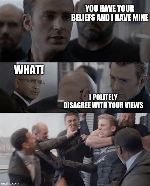 I dont agree with your views | YOU HAVE YOUR BELIEFS AND I HAVE MINE; WHAT! I POLITELY DISAGREE WITH YOUR VIEWS | image tagged in captain america elevator | made w/ Imgflip meme maker