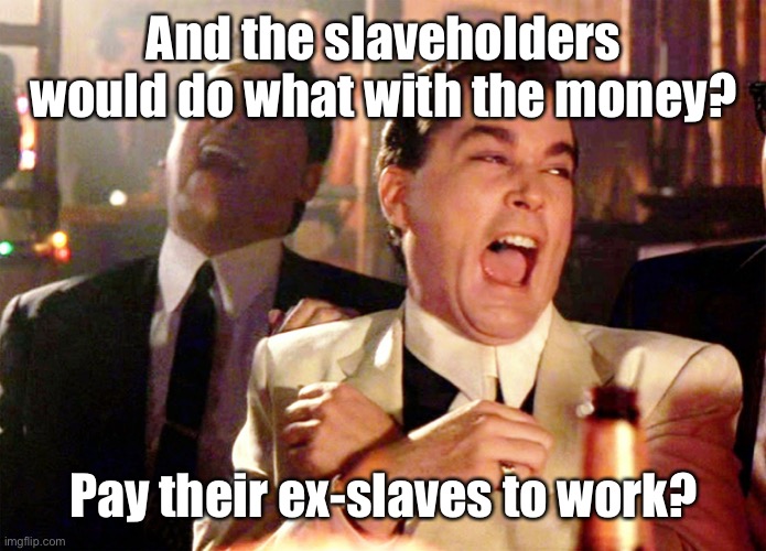 Good Fellas Hilarious Meme | And the slaveholders would do what with the money? Pay their ex-slaves to work? | image tagged in memes,good fellas hilarious | made w/ Imgflip meme maker