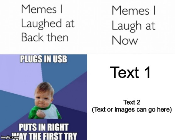 Memes I laughed at then vs memes I laugh at now | Text 1; Text 2
(Text or images can go here) | image tagged in memes i laughed at then vs memes i laugh at now | made w/ Imgflip meme maker