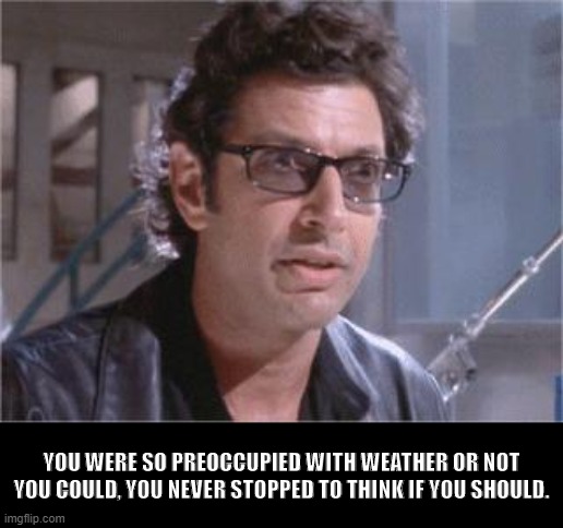 Jeff Goldblum | YOU WERE SO PREOCCUPIED WITH WEATHER OR NOT YOU COULD, YOU NEVER STOPPED TO THINK IF YOU SHOULD. | image tagged in jeff goldblum | made w/ Imgflip meme maker