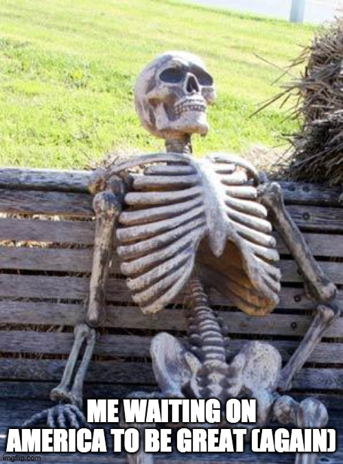 Still Waiting... | ME WAITING ON AMERICA TO BE GREAT (AGAIN) | image tagged in memes,waiting skeleton | made w/ Imgflip meme maker