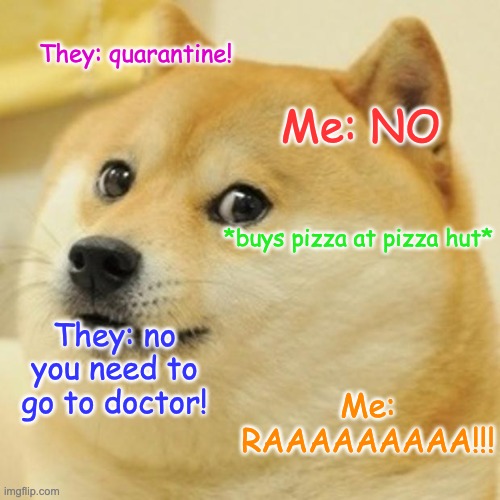 Doge | They: quarantine! Me: NO; *buys pizza at pizza hut*; They: no you need to go to doctor! Me: RAAAAAAAAA!!! | image tagged in memes,doge | made w/ Imgflip meme maker