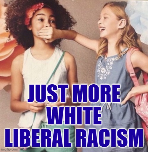 White girl silencing black girl | JUST MORE WHITE LIBERAL RACISM | image tagged in white girl silencing black girl | made w/ Imgflip meme maker