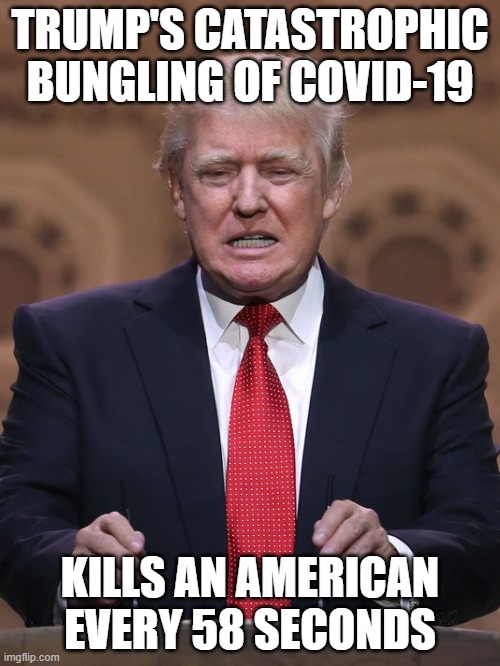 1440 minutes in a day, 1465 dead yesterday | TRUMP'S CATASTROPHIC BUNGLING OF COVID-19; KILLS AN AMERICAN EVERY 58 SECONDS | image tagged in donald trump,covid-19 | made w/ Imgflip meme maker