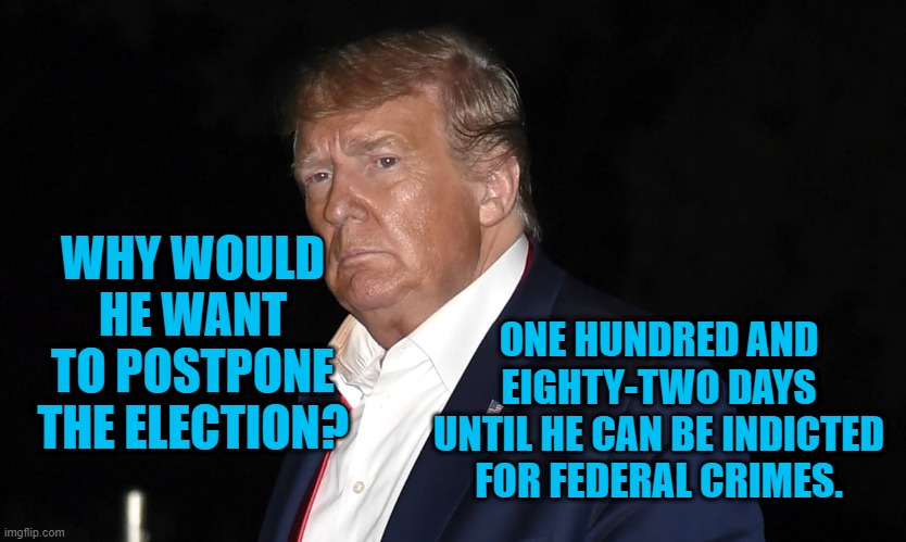 President Pandemic Ponders Prison Time | WHY WOULD HE WANT TO POSTPONE THE ELECTION? ONE HUNDRED AND EIGHTY-TWO DAYS UNTIL HE CAN BE INDICTED FOR FEDERAL CRIMES. | image tagged in politics | made w/ Imgflip meme maker