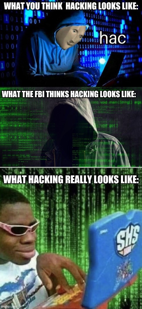 hacking... >SHS< ACCESSED | WHAT YOU THINK  HACKING LOOKS LIKE:; WHAT THE FBI THINKS HACKING LOOKS LIKE:; WHAT HACKING REALLY LOOKS LIKE: | image tagged in ryan beckford,hac | made w/ Imgflip meme maker