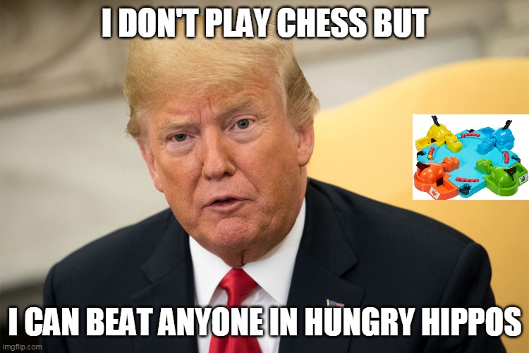 chess and hungry hippos | I DON'T PLAY CHESS BUT; I CAN BEAT ANYONE IN HUNGRY HIPPOS | image tagged in donald trump | made w/ Imgflip meme maker
