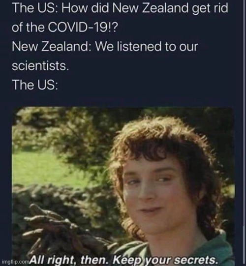 repost lol and I just gotta say: the fact the creator used a meme from the LOTR movies filmed in NZ for this is just... *mwah* | image tagged in new zealand,all right then keep your secrets,repost,conservative logic,covid-19,coronavirus | made w/ Imgflip meme maker