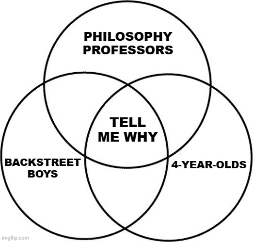 Okay, but why? | PHILOSOPHY PROFESSORS; TELL ME WHY; BACKSTREET BOYS; 4-YEAR-OLDS | image tagged in venn diagram,philosophy,backstreet boys,kids,memes,funny memes | made w/ Imgflip meme maker