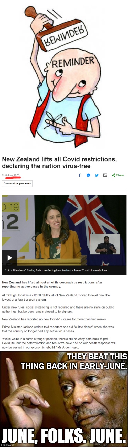 And they continue to have zero or very few new cases per day. Anyone interested in what they did? | THEY BEAT THIS THING BACK IN EARLY-JUNE. JUNE, FOLKS. JUNE. | image tagged in this morgan freeman,talking to putin trolls,new zealand,covid-19,coronavirus,pandemic | made w/ Imgflip meme maker