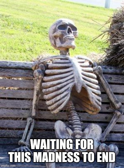 Waiting Skeleton Meme | WAITING FOR THIS MADNESS TO END | image tagged in memes,waiting skeleton | made w/ Imgflip meme maker