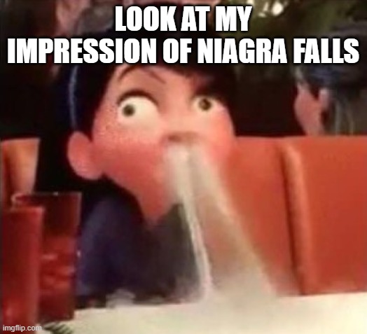Violet spitting water out of her nose | LOOK AT MY IMPRESSION OF NIAGRA FALLS | image tagged in violet spitting water out of her nose | made w/ Imgflip meme maker