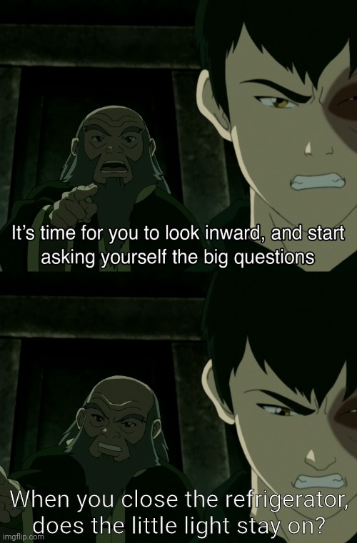 One of the great mysteries of life... | When you close the refrigerator, does the little light stay on? | image tagged in ihro and zuko,ed edd n eddy,childhood,childhood questions,avatar,avatar the last airbender | made w/ Imgflip meme maker