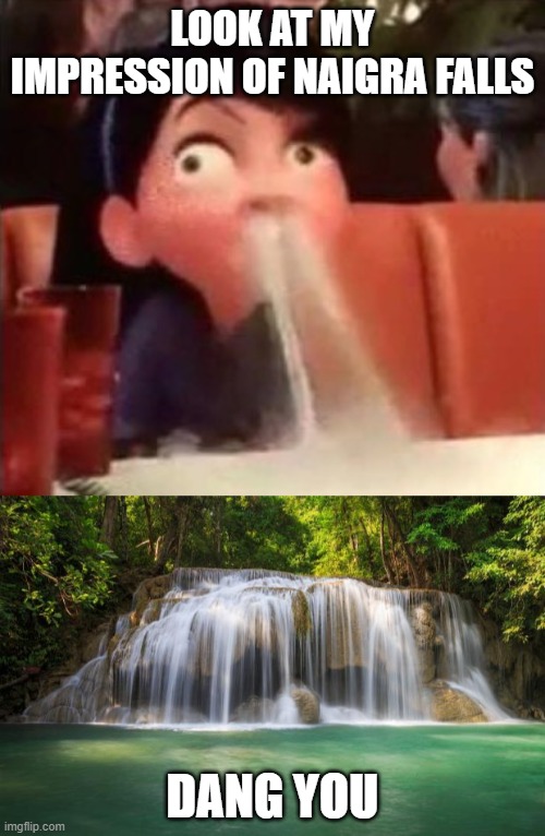 LOOK AT MY IMPRESSION OF NAIGRA FALLS; DANG YOU | image tagged in waterfall,violet spitting water out of her nose | made w/ Imgflip meme maker