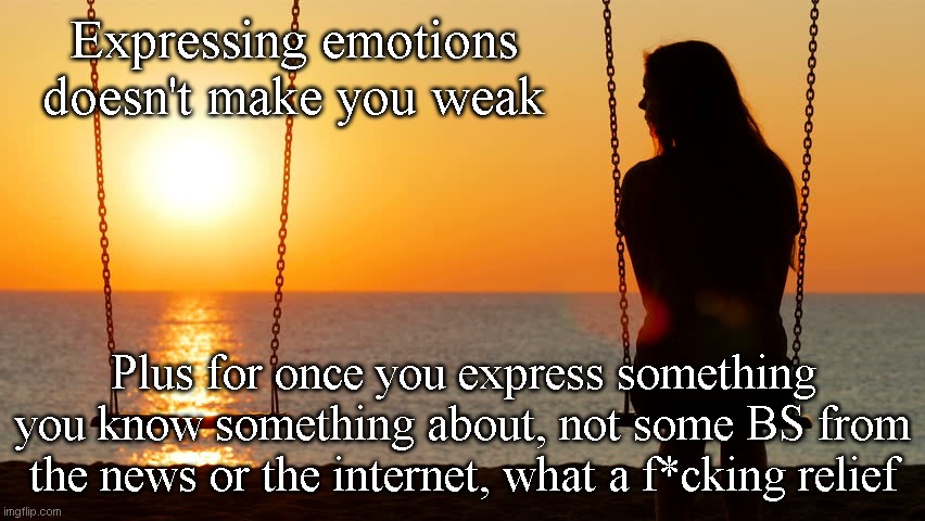 Expressing emotions | Expressing emotions doesn't make you weak; Plus for once you express something you know something about, not some BS from the news or the internet, what a f*cking relief | image tagged in motivational,emotions,ignorance | made w/ Imgflip meme maker