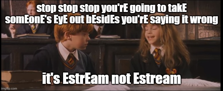 wingardium lEviosa | stop stop stop you'rE going to takE somEonE's EyE out bEsidEs you'rE saying it wrong; it's EstrEam not Estream | image tagged in wingardium leviosa | made w/ Imgflip meme maker