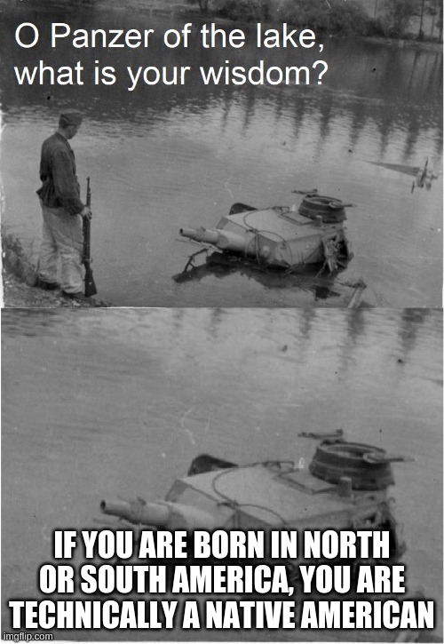 o panzer of the lake | IF YOU ARE BORN IN NORTH OR SOUTH AMERICA, YOU ARE TECHNICALLY A NATIVE AMERICAN | image tagged in o panzer of the lake | made w/ Imgflip meme maker