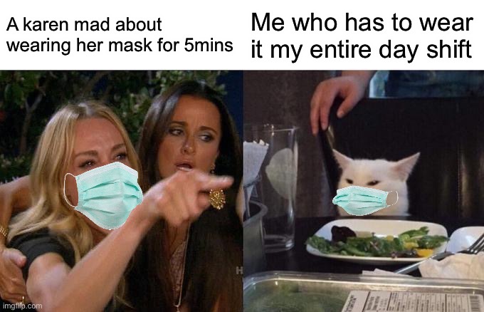 but why | A karen mad about wearing her mask for 5mins; Me who has to wear it my entire day shift | image tagged in memes,woman yelling at cat | made w/ Imgflip meme maker