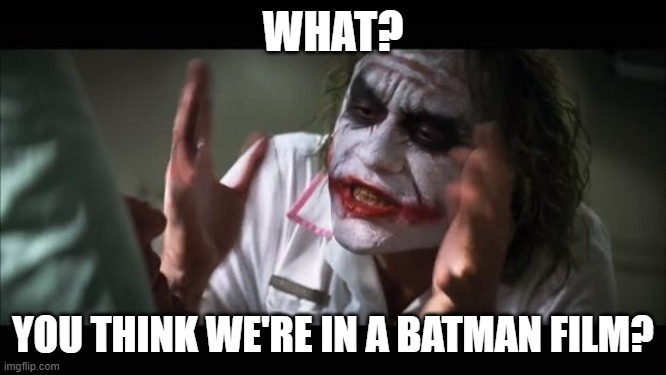 And everybody loses their minds Meme | WHAT? YOU THINK WE'RE IN A BATMAN FILM? | image tagged in memes,and everybody loses their minds | made w/ Imgflip meme maker