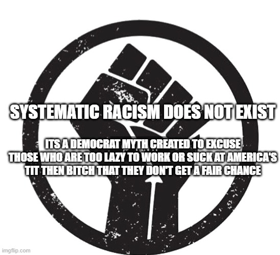 BLM Fist | SYSTEMATIC RACISM DOES NOT EXIST; ITS A DEMOCRAT MYTH CREATED TO EXCUSE THOSE WHO ARE TOO LAZY TO WORK OR SUCK AT AMERICA'S TIT THEN BITCH THAT THEY DON'T GET A FAIR CHANCE | image tagged in blm fist | made w/ Imgflip meme maker