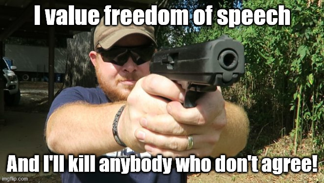 Look into a gun | I value freedom of speech And I'll kill anybody who don't agree! | image tagged in look into a gun | made w/ Imgflip meme maker