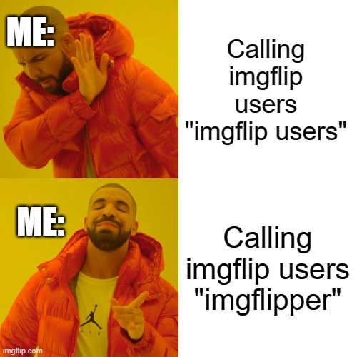 lol | ME:; Calling imgflip users "imgflip users"; Calling imgflip users "imgflipper"; ME: | image tagged in memes,drake hotline bling,imgflippers | made w/ Imgflip meme maker