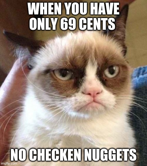 Grumpy Cat Reverse | WHEN YOU HAVE ONLY 69 CENTS; NO CHICKEN NUGGETS | image tagged in memes,grumpy cat reverse,grumpy cat | made w/ Imgflip meme maker