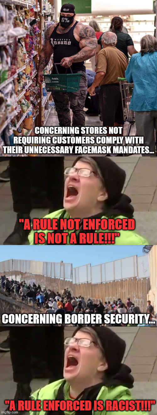 More and more hypocrites and control freaks are showing themselves for what they are... | CONCERNING STORES NOT REQUIRING CUSTOMERS COMPLY WITH THEIR UNNECESSARY FACEMASK MANDATES... "A RULE NOT ENFORCED IS NOT A RULE!!!"; CONCERNING BORDER SECURITY... "A RULE ENFORCED IS RACIST!!!" | image tagged in illegal immigrants,screaming liberal,badass mask,facemask,open borders,liberal hypocrisy | made w/ Imgflip meme maker