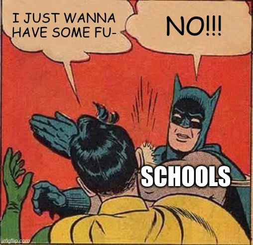 Batman Slapping Robin | I JUST WANNA HAVE SOME FU-; NO!!! SCHOOLS | image tagged in memes,batman slapping robin | made w/ Imgflip meme maker