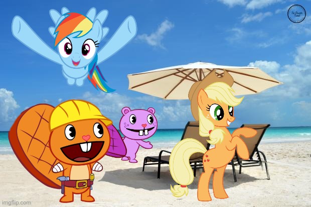 HTF & MLP At the Beach | image tagged in beach,happy handy htf,rainbow dash,applejack,my little pony,happy tree friends | made w/ Imgflip meme maker