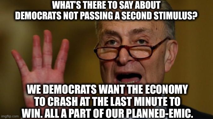 Chuck Schumer | WHAT’S THERE TO SAY ABOUT DEMOCRATS NOT PASSING A SECOND STIMULUS? WE DEMOCRATS WANT THE ECONOMY TO CRASH AT THE LAST MINUTE TO WIN. ALL A PART OF OUR PLANNED-EMIC. | image tagged in chuck schumer,democrats,covid-19,coronavirus,memes,democratic party | made w/ Imgflip meme maker