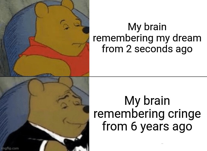 Tuxedo Winnie The Pooh Meme | My brain remembering my dream from 2 seconds ago; My brain remembering cringe from 6 years ago | image tagged in memes,tuxedo winnie the pooh | made w/ Imgflip meme maker