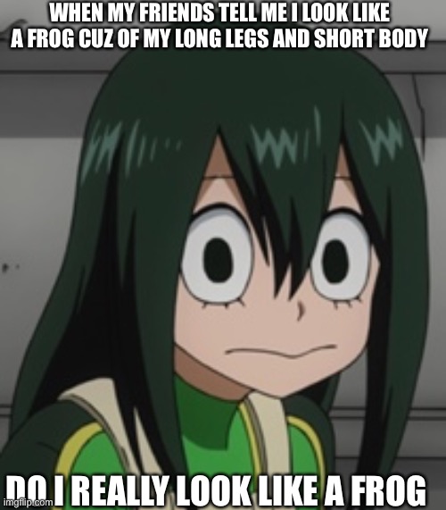 BNHA - Tsuyu “Froppy” Asui | WHEN MY FRIENDS TELL ME I LOOK LIKE A FROG CUZ OF MY LONG LEGS AND SHORT BODY; DO I REALLY LOOK LIKE A FROG | image tagged in bnha - tsuyu froppy asui | made w/ Imgflip meme maker