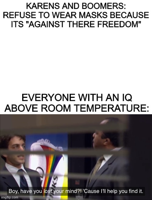 I thought I would make a meme out of this | KARENS AND BOOMERS: REFUSE TO WEAR MASKS BECAUSE ITS "AGAINST THERE FREEDOM"; EVERYONE WITH AN IQ ABOVE ROOM TEMPERATURE: | image tagged in blank white template,have you lost your mind | made w/ Imgflip meme maker