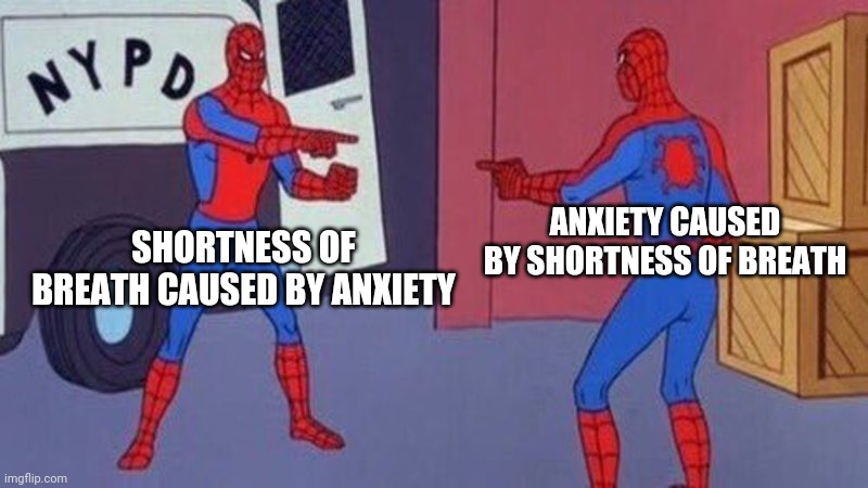 spiderman pointing at spiderman | ANXIETY CAUSED BY SHORTNESS OF BREATH; SHORTNESS OF BREATH CAUSED BY ANXIETY | image tagged in spiderman pointing at spiderman | made w/ Imgflip meme maker