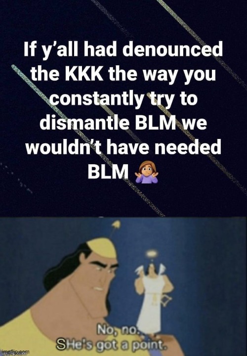 rly tho! | image tagged in no no she's got a point,kkk,blm,black lives matter,no no he's got a point,no no hes got a point | made w/ Imgflip meme maker