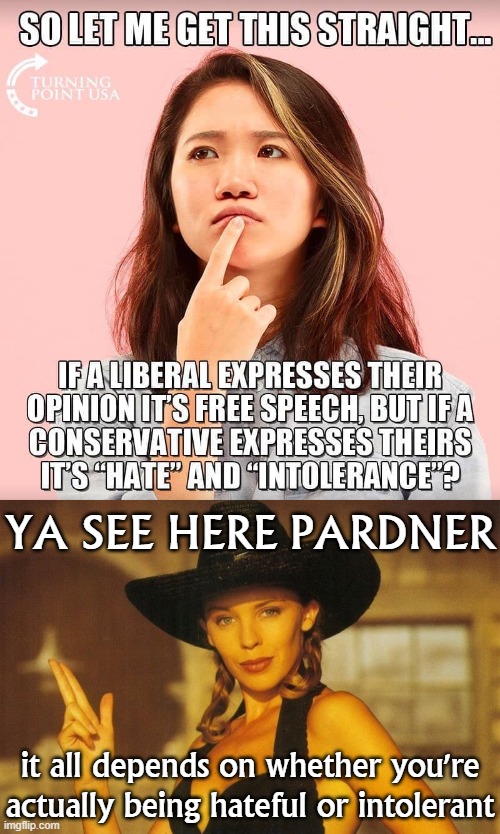 Depends what your "conservative opinion" is. Cutting taxes? Nope. LGBTQ individuals don't have equal rights? Yeah. That's hate. | YA SEE HERE PARDNER; it all depends on whether you're actually being hateful or intolerant | image tagged in kylie never too late,conservative logic,hate,intolerance,gay rights,free speech | made w/ Imgflip meme maker