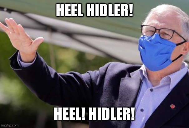 Jay Inslee Heel Hidler | HEEL HIDLER! HEEL! HIDLER! | image tagged in covid19,coronavirus,mask | made w/ Imgflip meme maker
