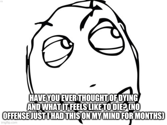 Question Rage Face Meme | HAVE YOU EVER THOUGHT OF DYING AND WHAT IT FEELS LIKE TO DIE? (NO OFFENSE JUST I HAD THIS ON MY MIND FOR MONTHS) | image tagged in memes,question rage face | made w/ Imgflip meme maker