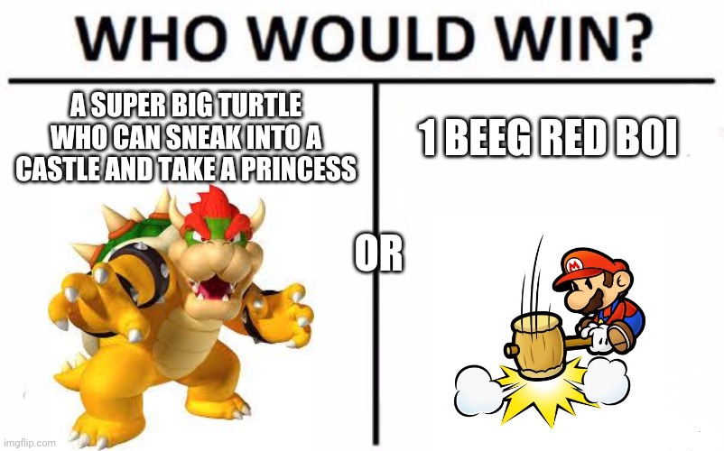 Mario vs Bowser | A SUPER BIG TURTLE WHO CAN SNEAK INTO A CASTLE AND TAKE A PRINCESS; 1 BEEG RED BOI; OR | image tagged in memes,who would win,super mario,bowser | made w/ Imgflip meme maker